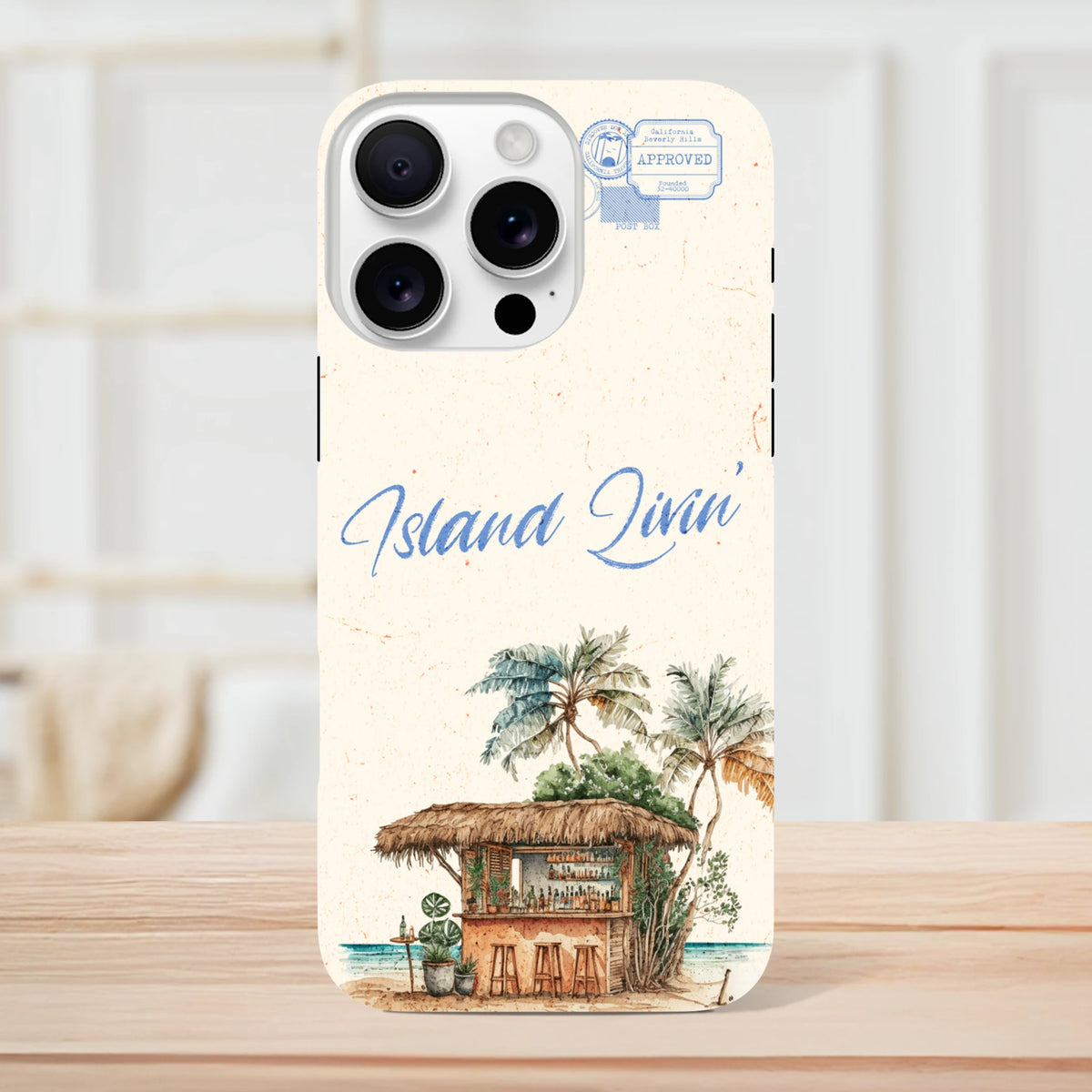 Island Beach Bar Tough iPhone Case for iPhone 13-16 with tropical island scene and palm trees.