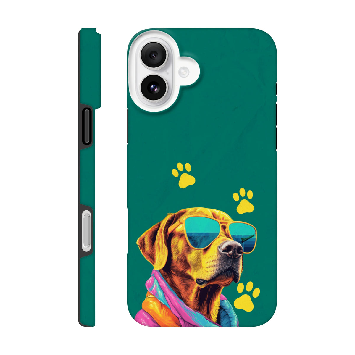 Teal iPhone case featuring a stylish dog with sunglasses and yellow paw prints, designed as a tough protective shell for daily use.