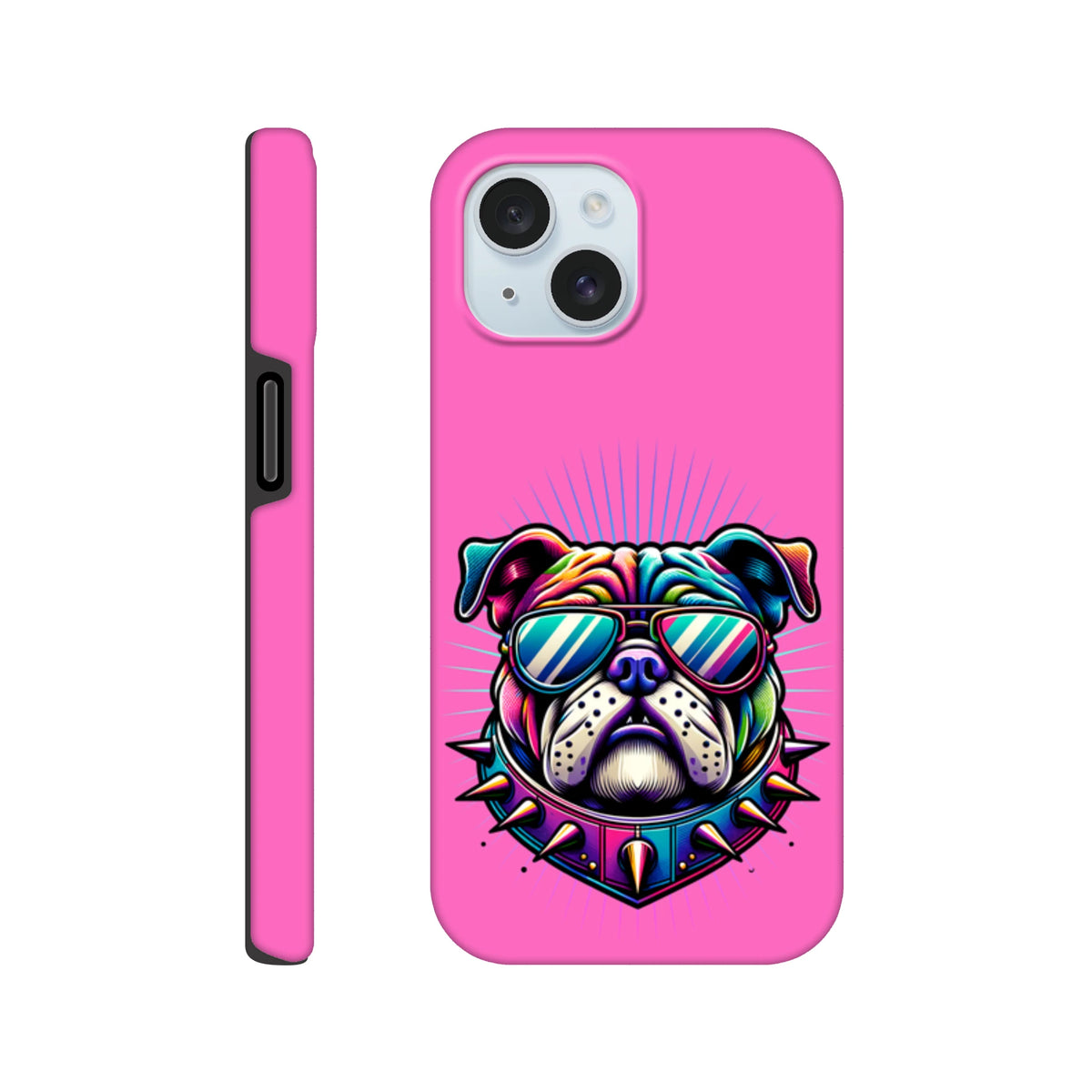 Pink tough iPhone case featuring a colorful retro bulldog with sunglasses and a spiked collar design.