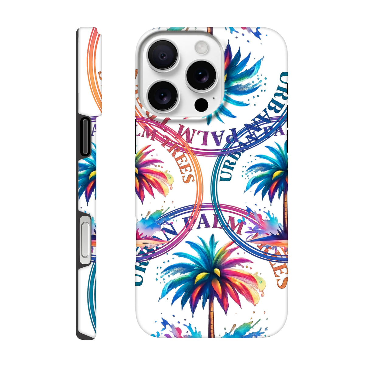 Colorful tropical palm tree print on a white iPhone case with curved Urban Palm Trees typography and splatter details.