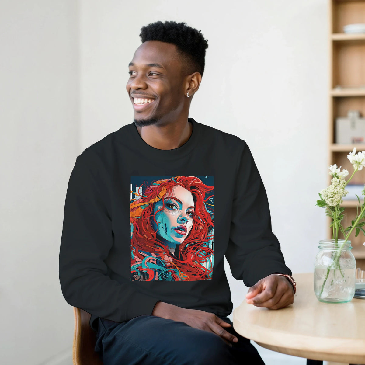 Smiling man wearing black sweatshirt featuring a vibrant redhead pop-art portrait.