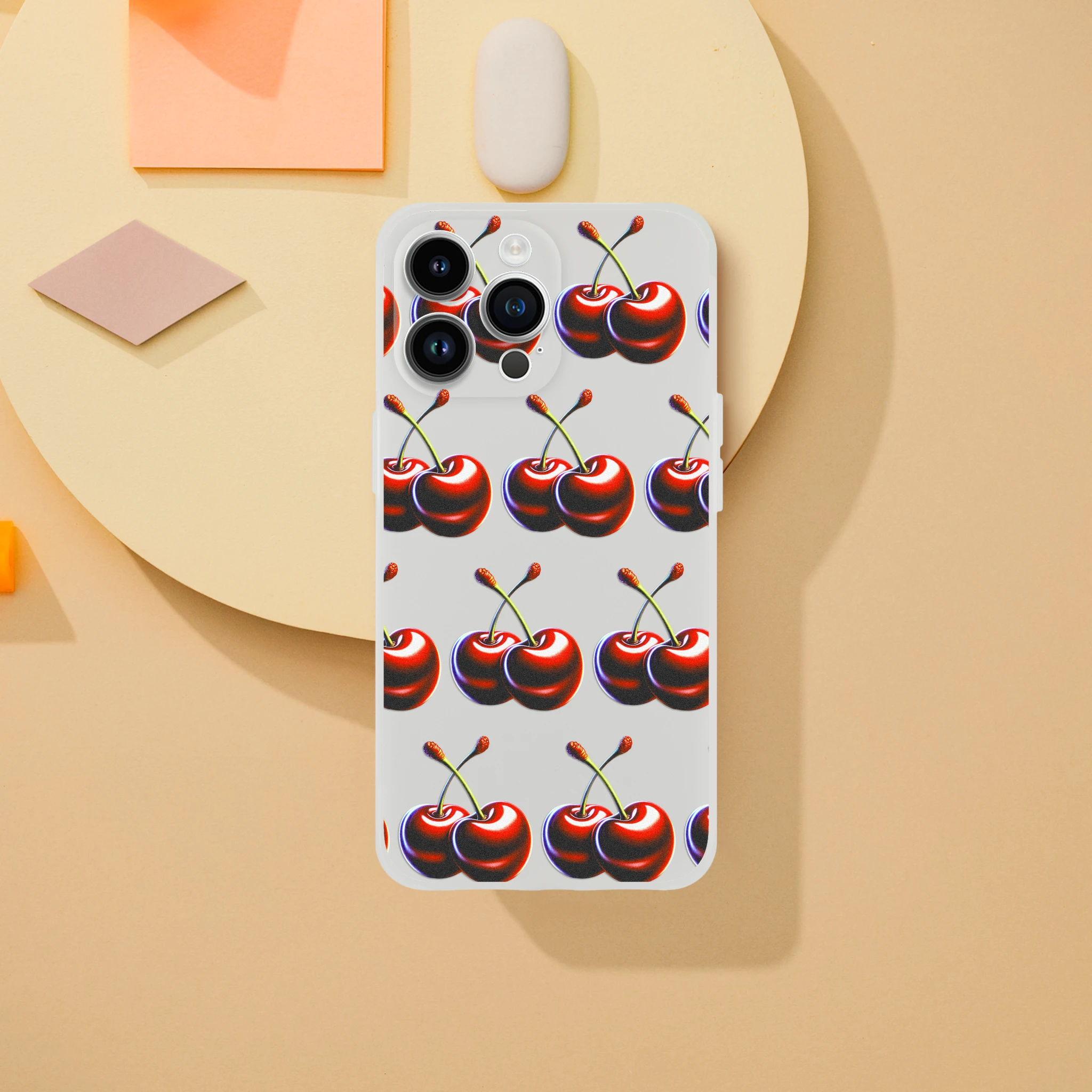 Cherry-pattern transparent Flexi Case for iPhone 13-16; slim protective cover with precise camera cutouts.