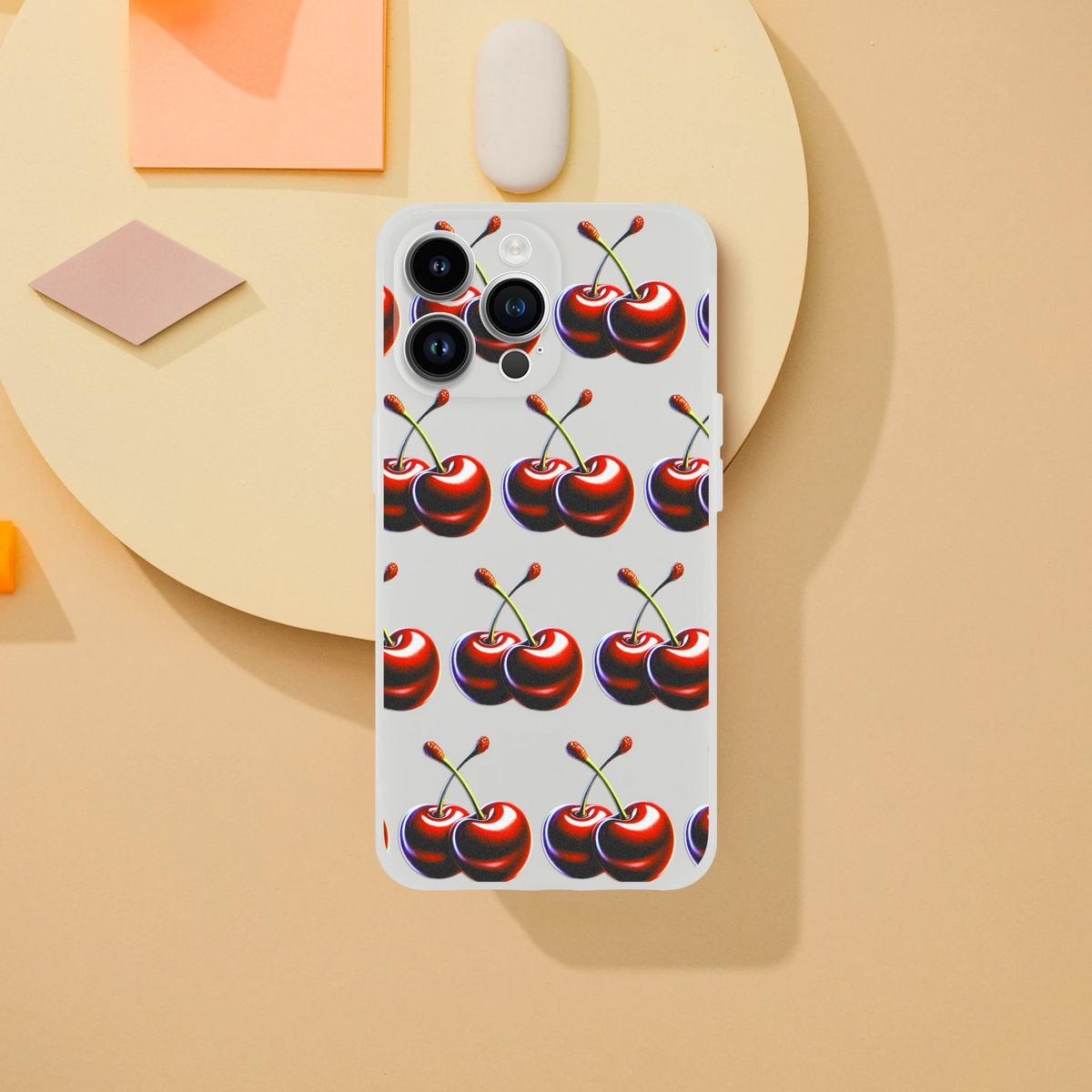 Cherry-pattern transparent Flexi Case for iPhone 13-16; slim protective cover with precise camera cutouts.