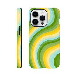Green and yellow retro wave iPhone case with wavy stripes. Y2K aesthetic tough phone cover compatible with iPhone 13-16 models.