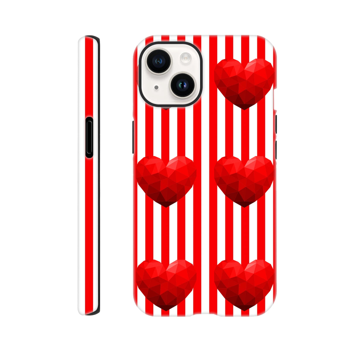 Red and white striped iPhone case with 3D geometric hearts. Retro love design offers tough protection for daily carry and streetwear style.