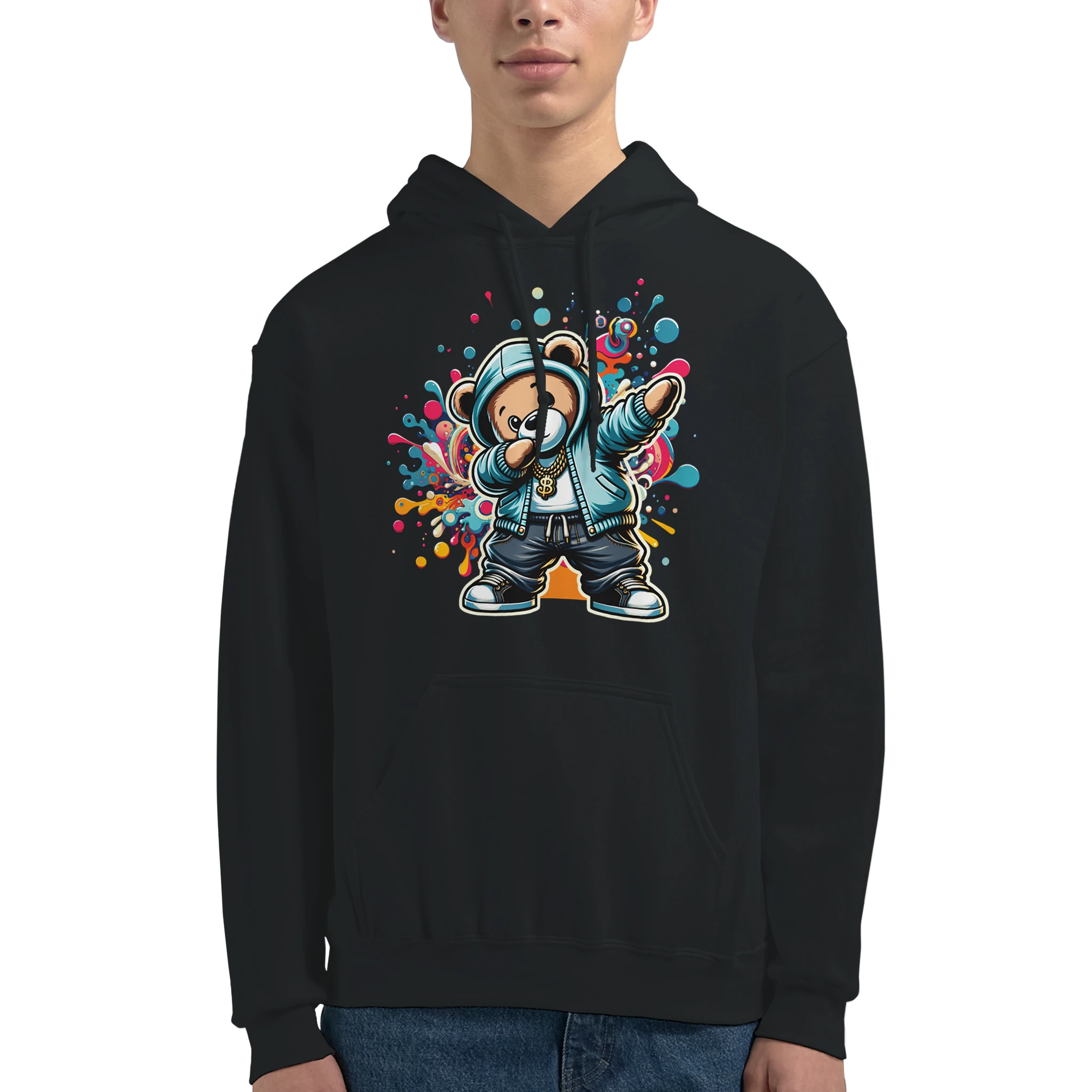 Men's Dab Teddy Bear Hoodie with colorful graphic on black cotton-poly blend fabric, sizes S-XL