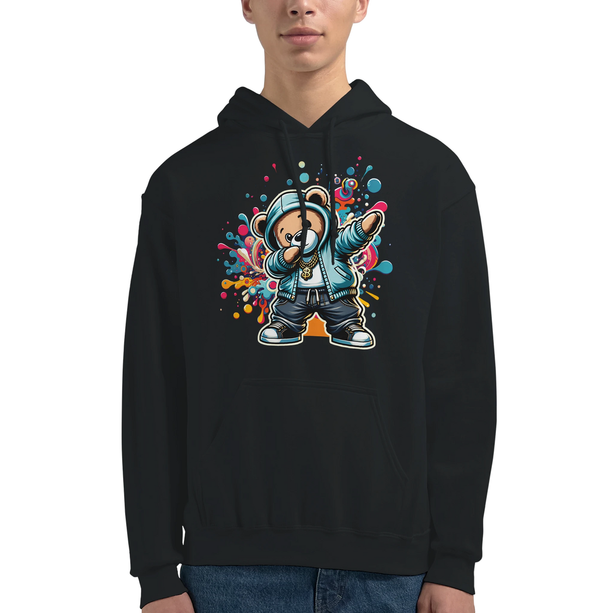 Men's Dab Teddy Bear Hoodie with colorful graphic on black cotton-poly blend fabric, sizes S-XL