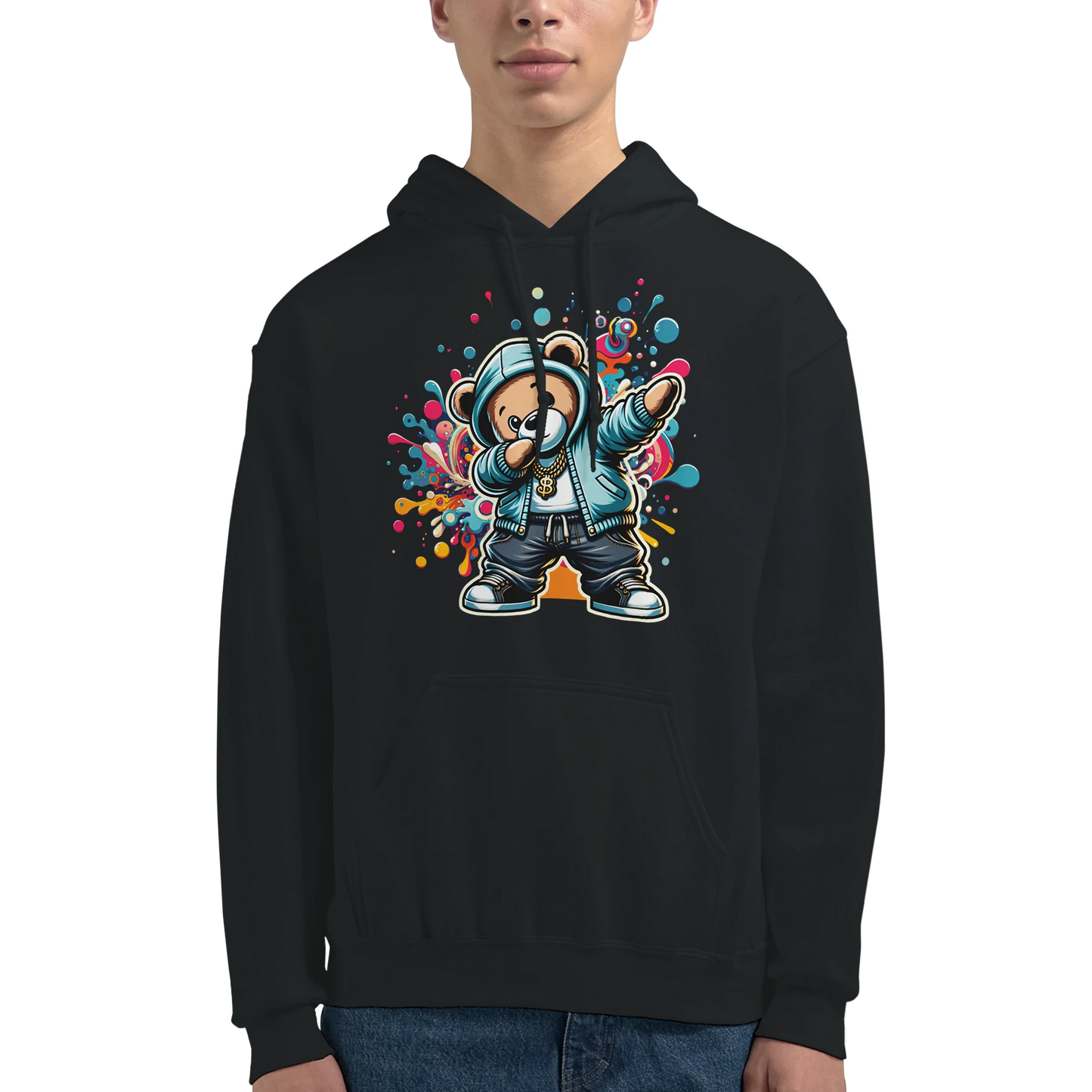 Black men's teddy bear hoodie with a colorful graphic of a bear in a hooded jacket on a white background. 2
