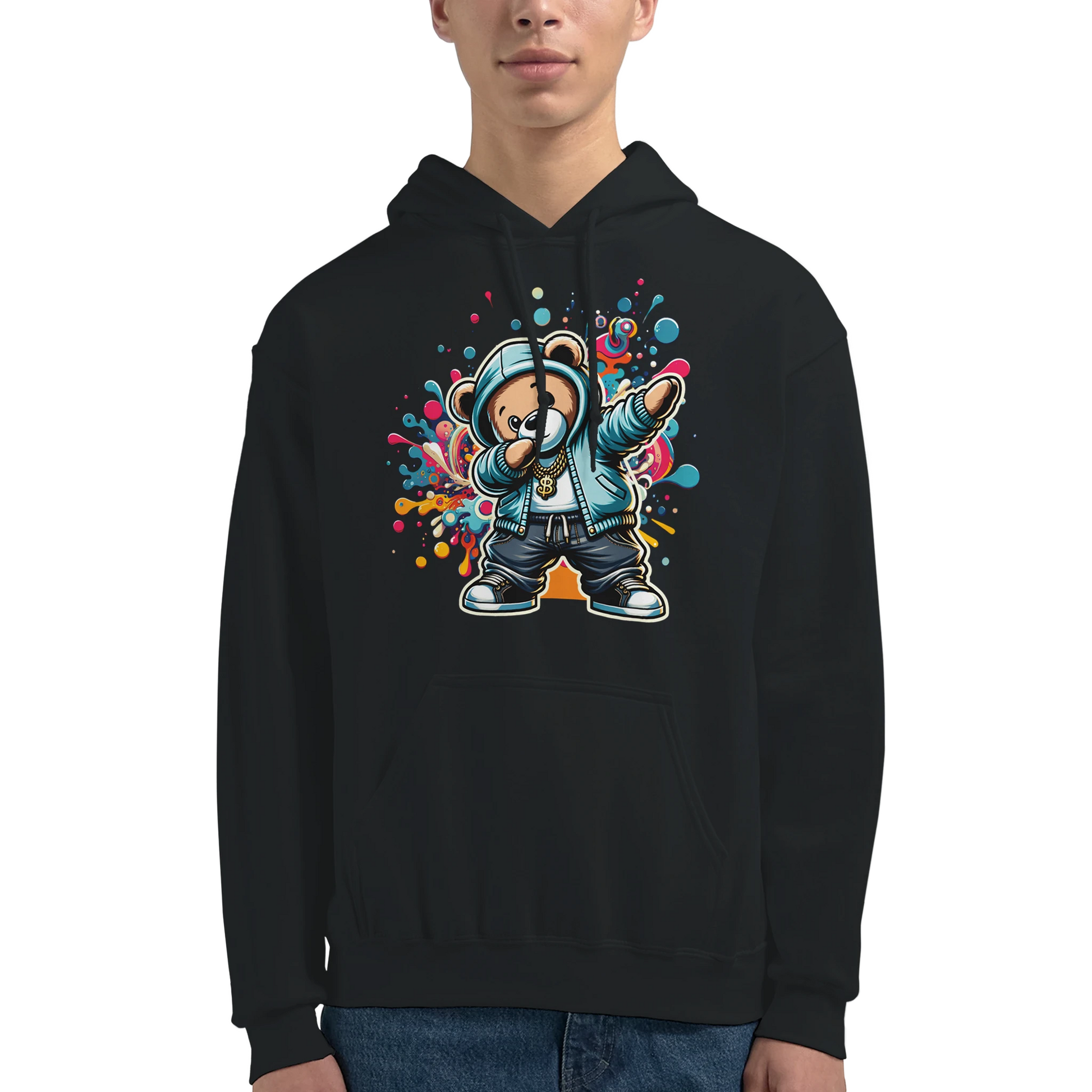 Black men's teddy bear hoodie with a colorful graphic of a bear in a hooded jacket on a white background. 2