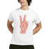 White men's heavyweight cotton-blend T-shirt with pink peace-sign hand graphic built from typography.