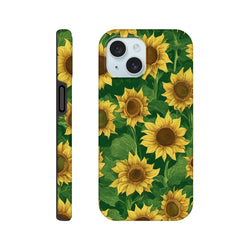 Sunflower tough iPhone case featuring a bold wraparound floral print with yellow blooms and green leaves on a dark background.