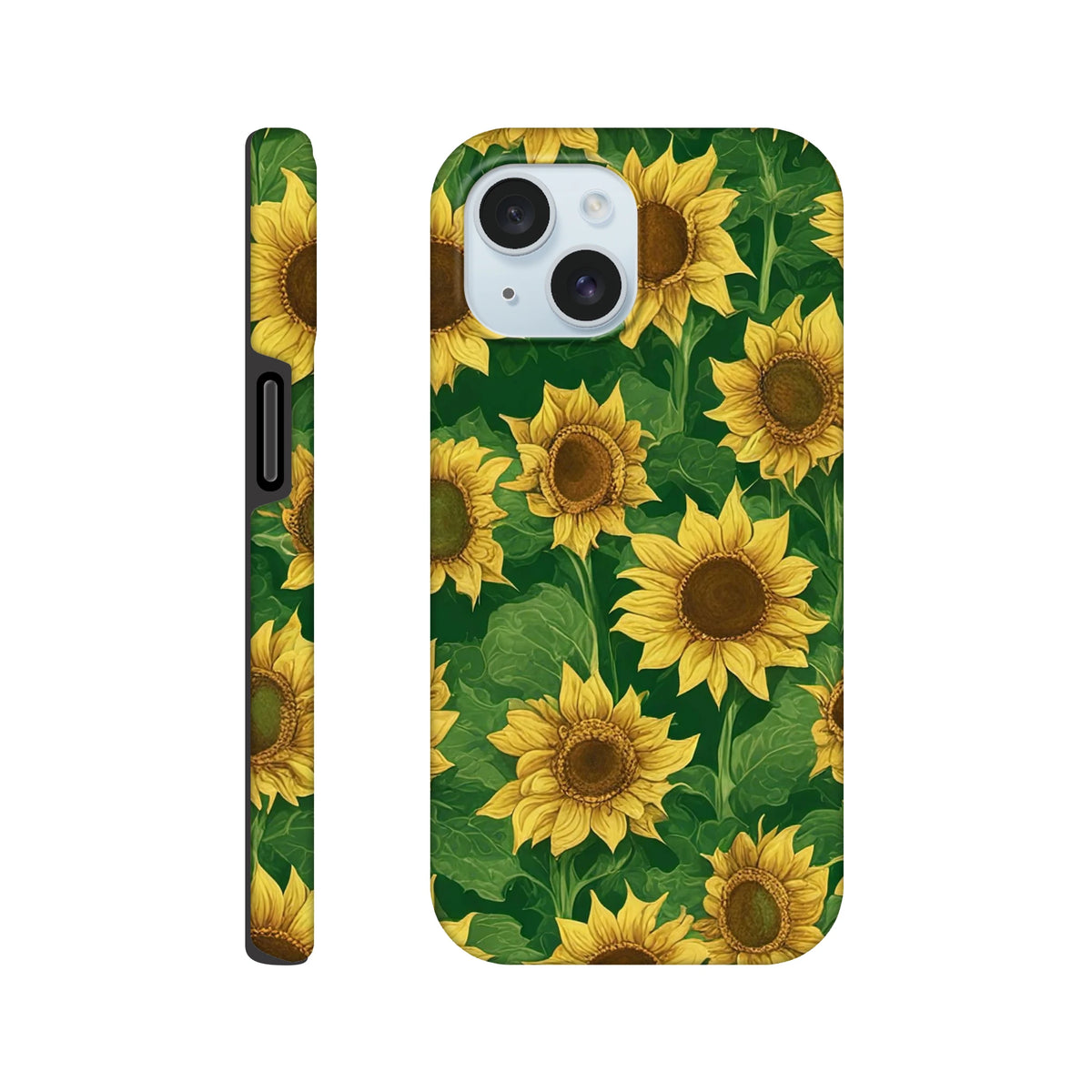 Sunflower tough iPhone case featuring a bold wraparound floral print with yellow blooms and green leaves on a dark background.