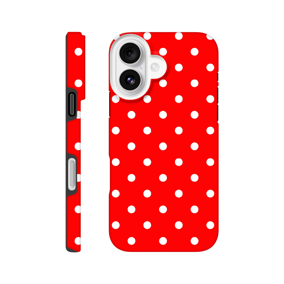 Red and white polka dot tough iPhone case with glossy wraparound print and dual-layer TPU protection for daily drops.