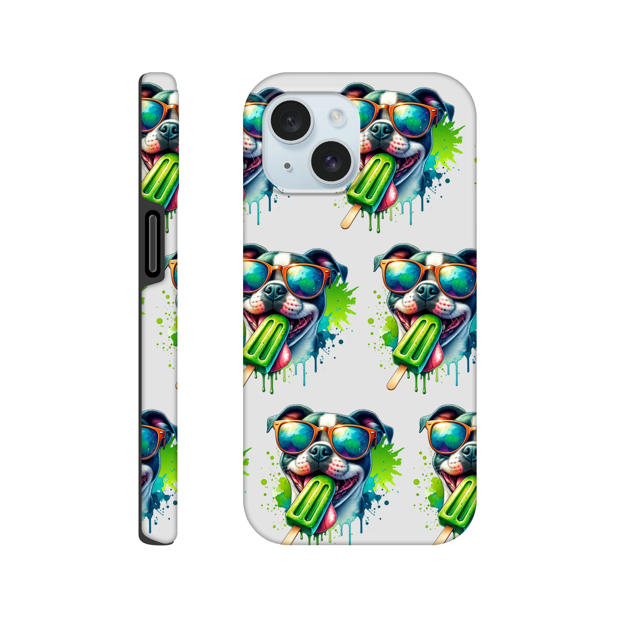 Chill dog with sunglasses, popsicle, bright splashes, wraparound glossy protective case for iPhone 16/15/14/13
