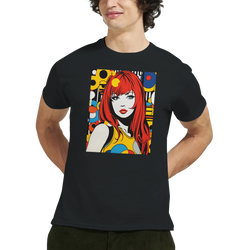 Black men's t-shirt featuring a colourful retro pop art print of a red-headed girl surrounded by 70s geometric shapes.