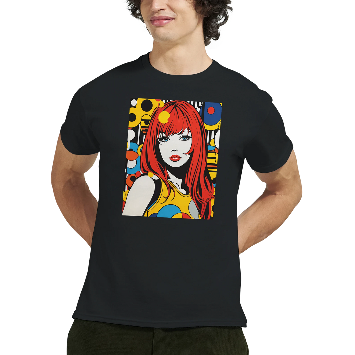 Black men's t-shirt featuring a colourful retro pop art print of a red-headed girl surrounded by 70s geometric shapes.