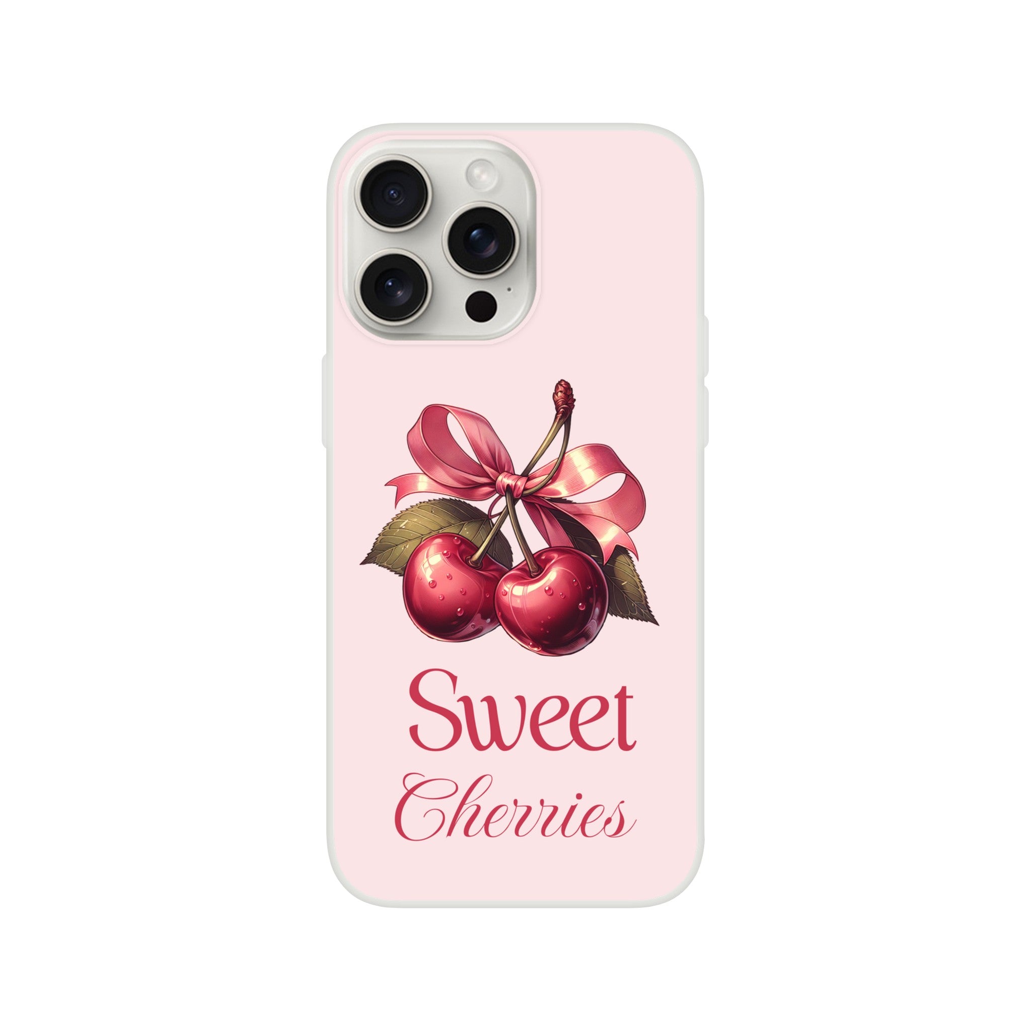 Cherries iPhone Case on pink background with bow-tied cherries, slim protective cover for iPhone 16/15/14/13.