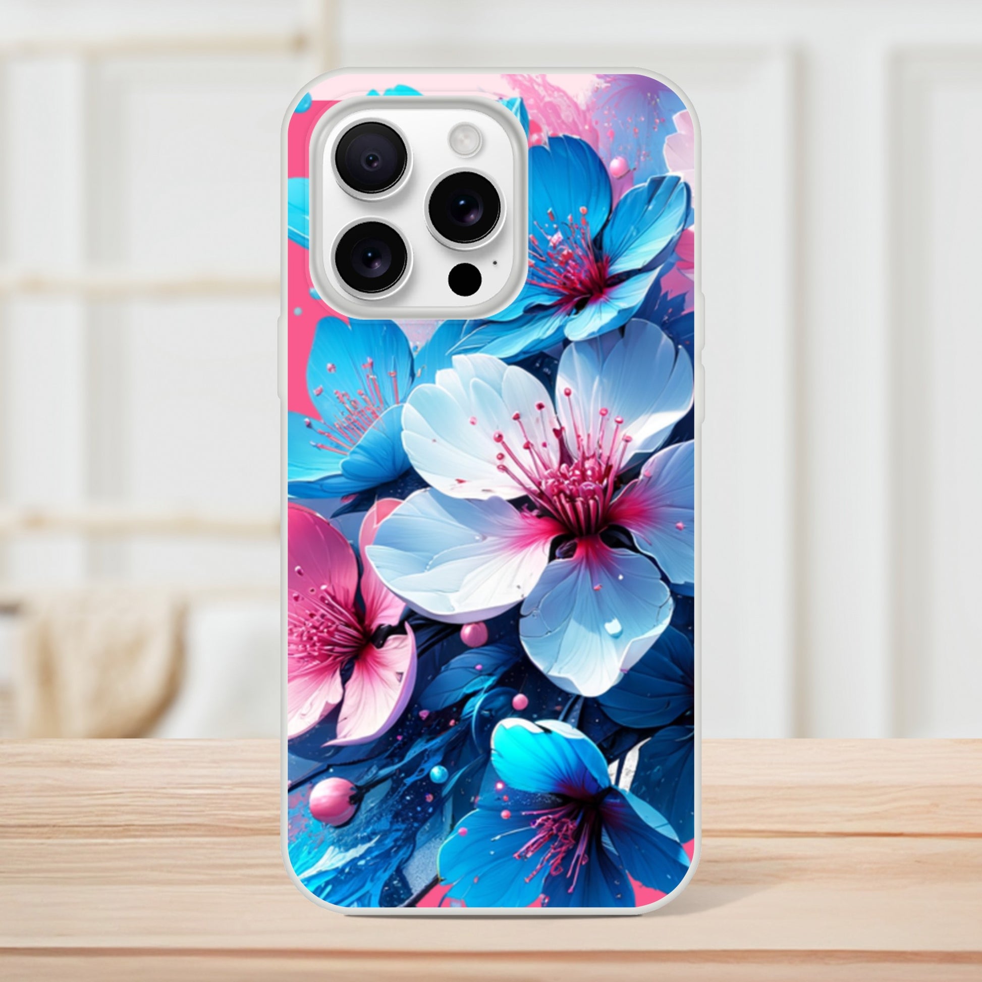 iPhone case with blue and pink floral design on a wooden surface 21