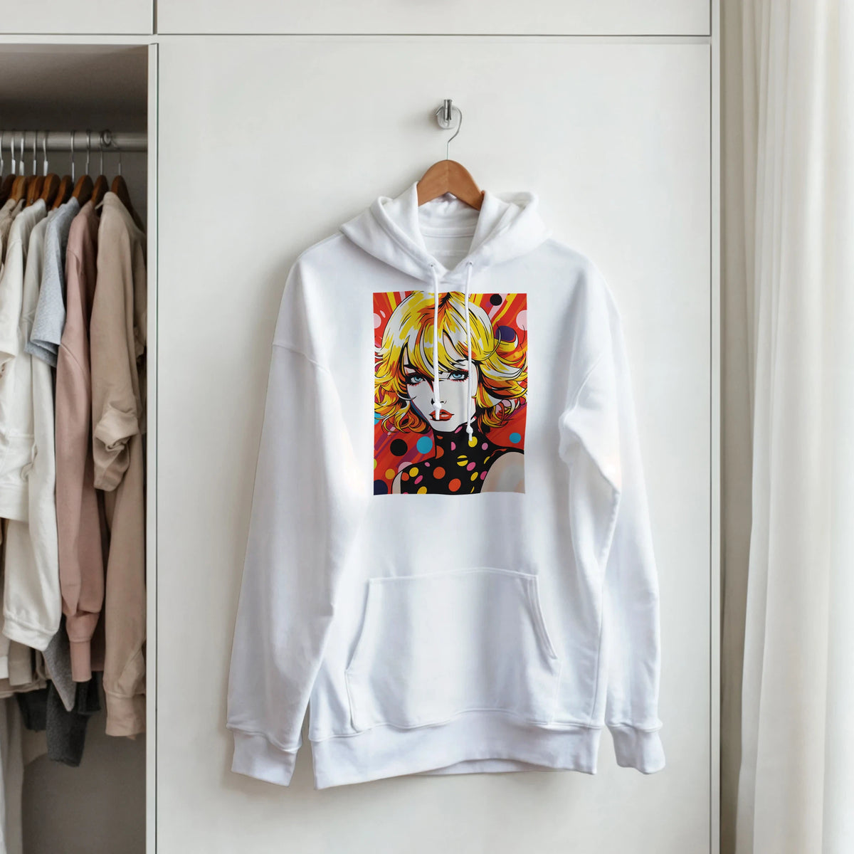 White pullover hoodie featuring a vibrant retro blonde pop art woman graphic with bold colors and polka dots.