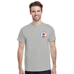 Man wearing grey crew neck t-shirt with colorful circular Urban Palm Trees logo on the left chest.