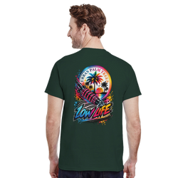 Dark green Low Life Petrolhead men's tee featuring shock absorber, palm trees, and Urban Palm Trees graphic on the back.