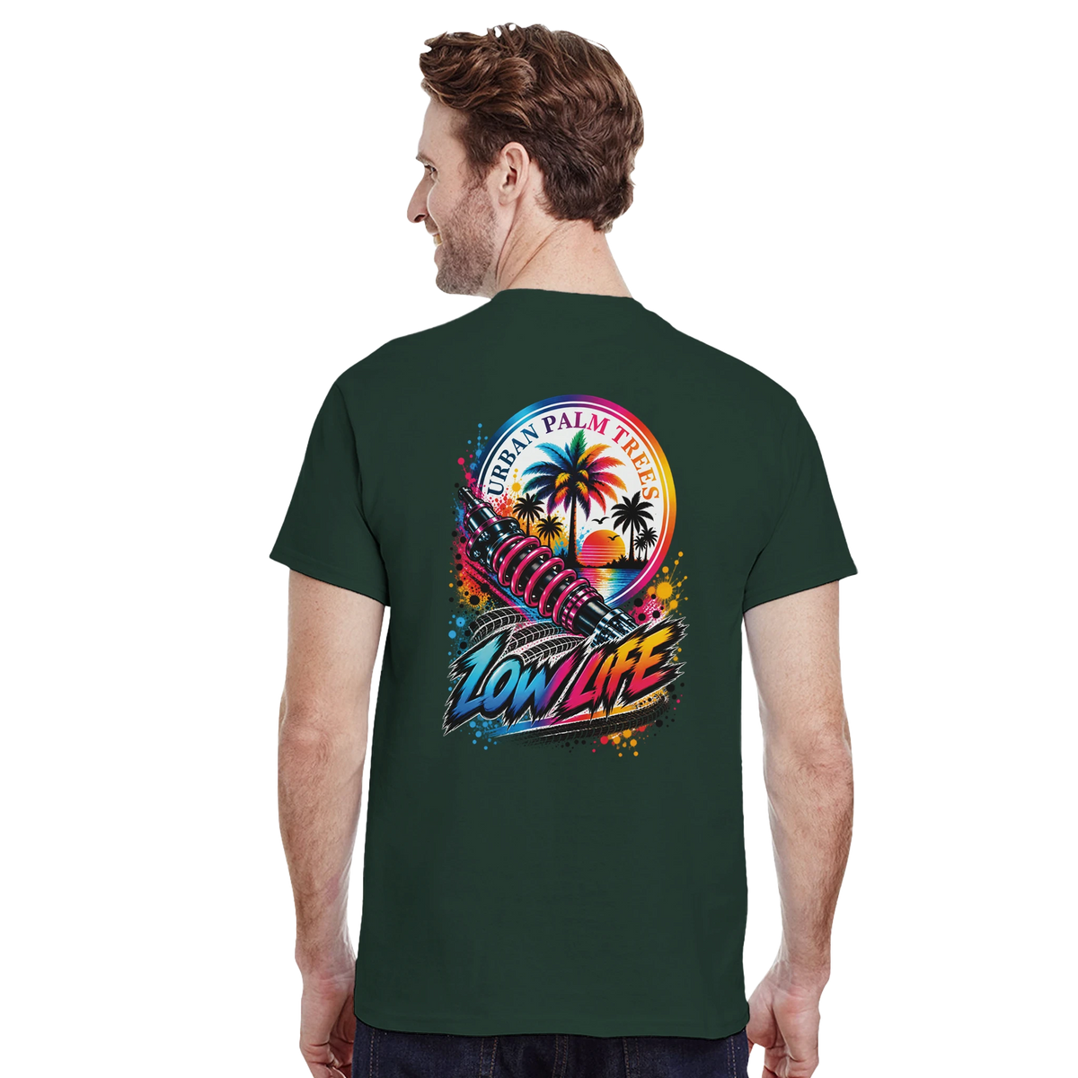 Dark green Low Life Petrolhead men's tee featuring shock absorber, palm trees, and Urban Palm Trees graphic on the back.