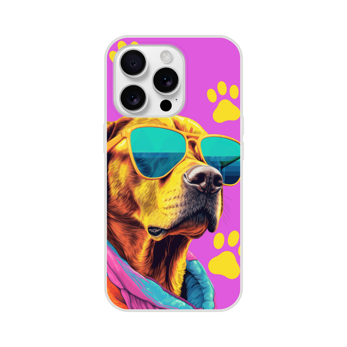 Colorful dog wearing turquoise sunglasses on a purple background with yellow paw prints, iPhone case.