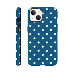 Navy blue tough iPhone case with white polka dots featuring shock-absorbing TPU and wraparound glossy graphics for models 13-16.