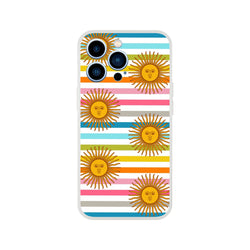 Retro rainbow sun iPhone case for 13-16, boho striped design with sun motifs.