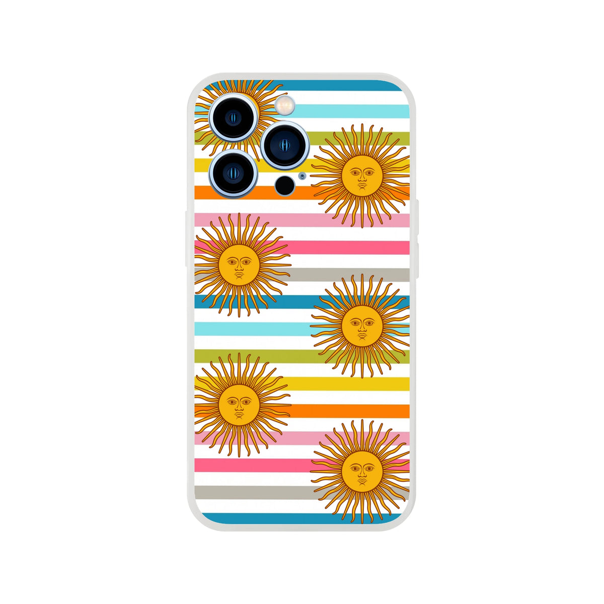 Retro rainbow sun iPhone case for 13-16, boho striped design with sun motifs.