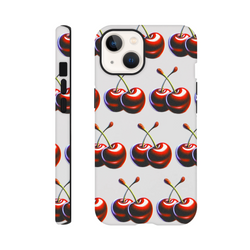 Cherries pattern tough protective iPhone case with glossy double-layer wraparound print for iPhone 16, 15, 14, 13.