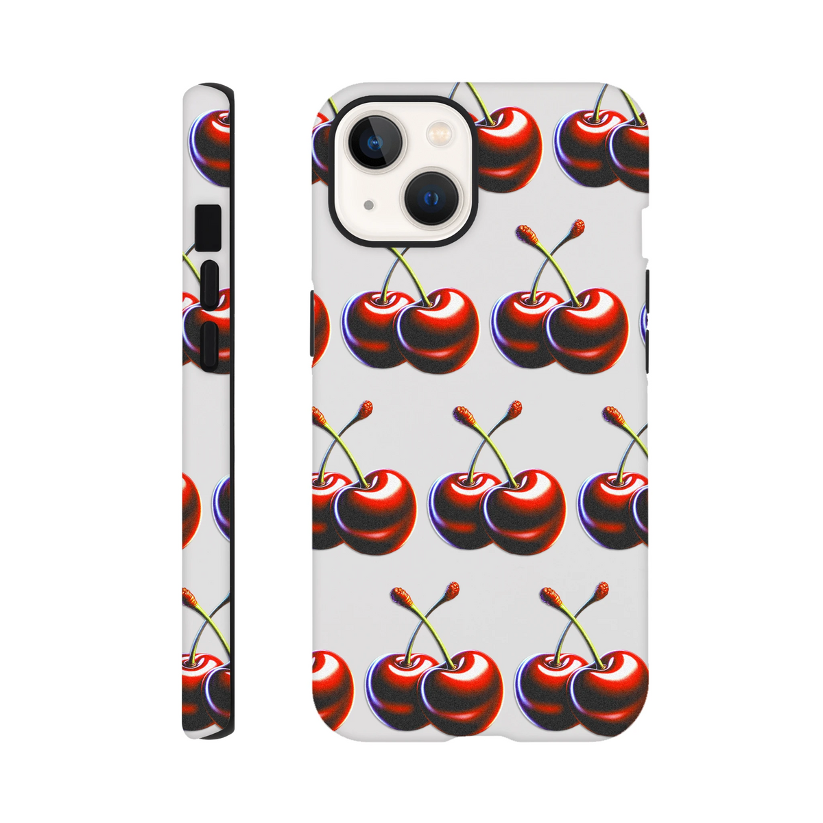 Cherries pattern tough protective iPhone case with glossy double-layer wraparound print for iPhone 16, 15, 14, 13.