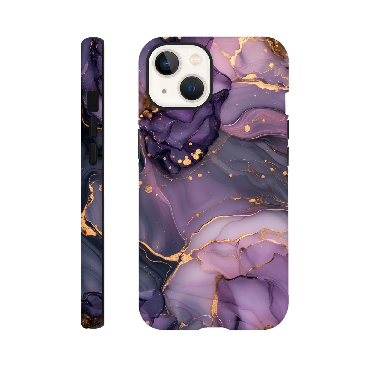 Luxury purple and gold marble iPhone case featuring an abstract wraparound design with gold flecks for a bold streetwear aesthetic.