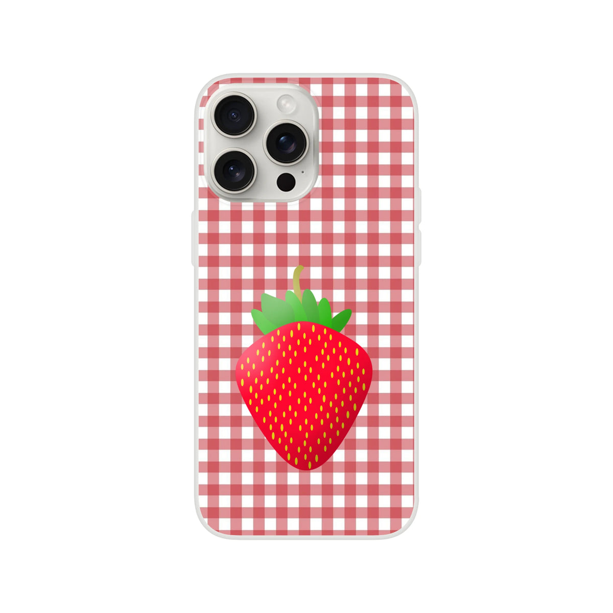 Cute strawberry gingham iPhone case (13-16) in pink aesthetic with matte finish and strawberry pattern