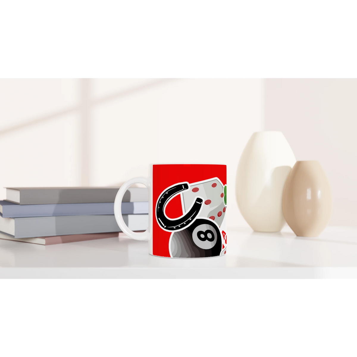 Red ceramic coffee mug featuring lucky casino icons including a horseshoe, dice, playing card, and 8 ball.