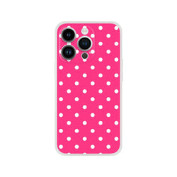Retro hot pink and white polka dot iPhone case with white border and matte finish for models 13-16.