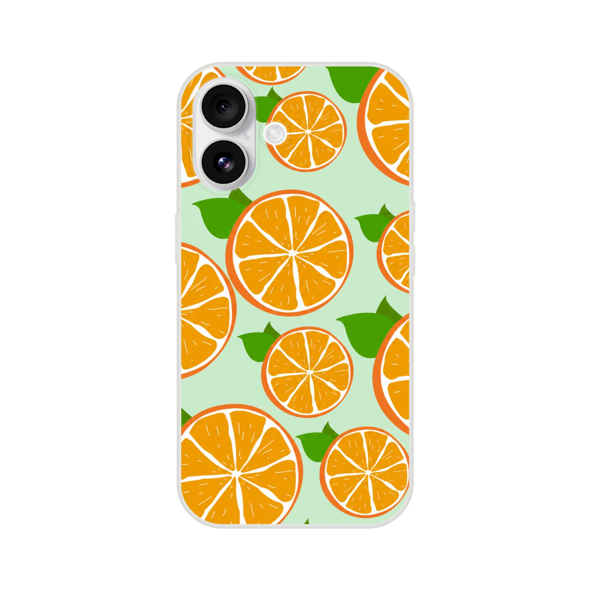 Slim matte iPhone case with orange slice pattern on mint green background.