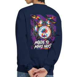 Retro drum kit graphic back print sweatshirt featuring colorful "Made to Make Noise" design with Urban Palm Trees bass drum art.