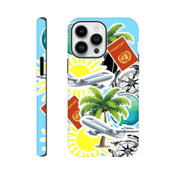 Travel sticker tough iPhone case featuring palm trees, airplanes, passports, and compasses for a bold island vibe.