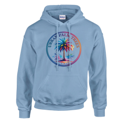 Light blue Urban Palm Trees hoodie for men featuring a colorful palm tree circular graphic.