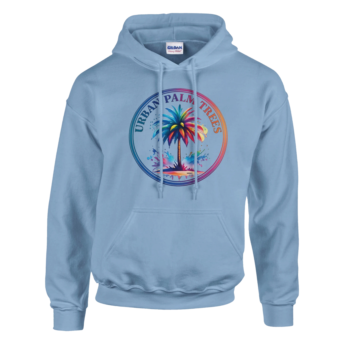 Light blue Urban Palm Trees hoodie for men featuring a colorful palm tree circular graphic.
