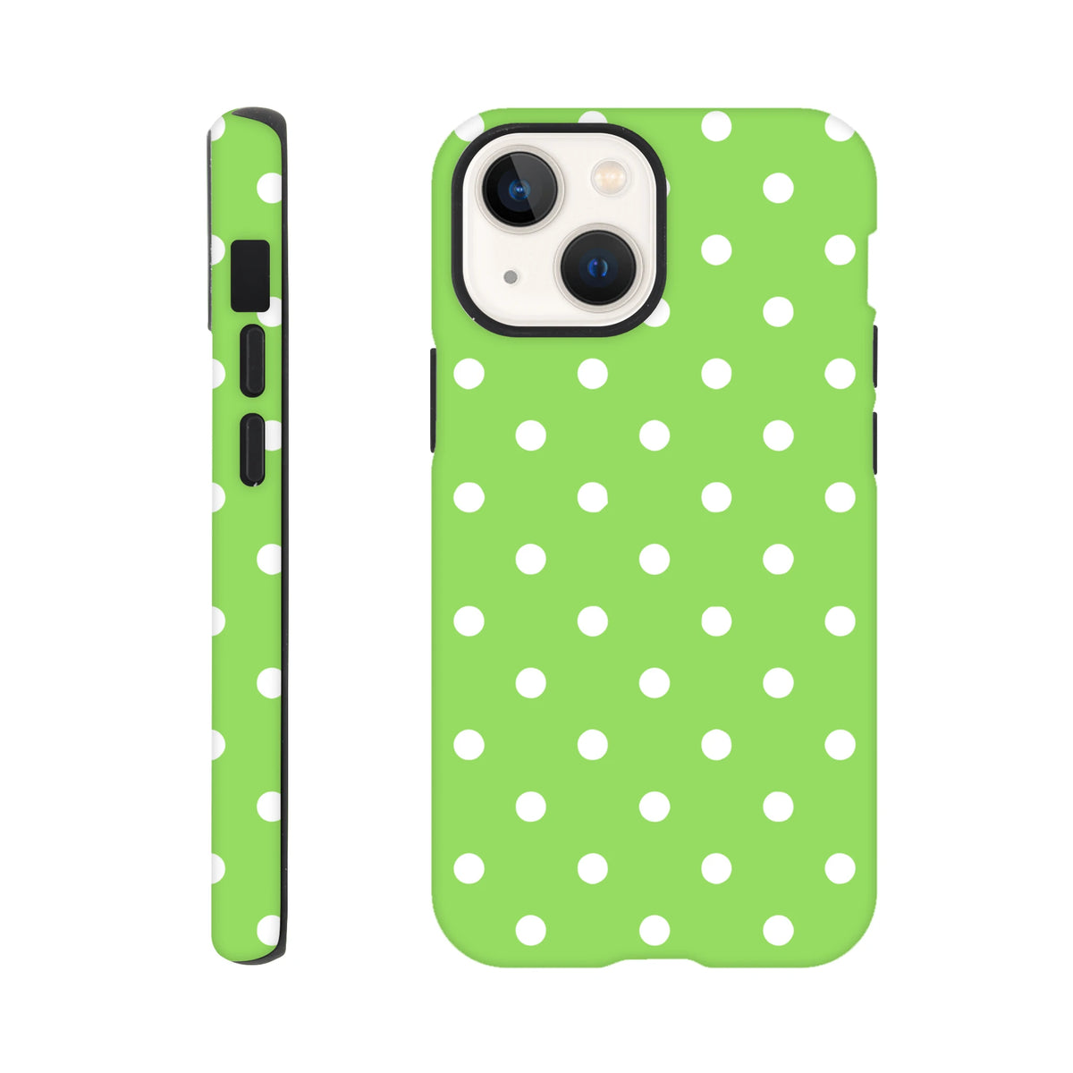 Green and white polka dot tough iPhone case featuring shock-absorbing TPU core, dual-layer protection, and precise cutouts for daily durability.