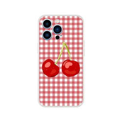 Cute Cherry Gingham iPhone Case for 13-16, Coquette aesthetic with cherries on red gingham background.