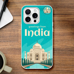 Vintage postcard-style iPhone case for iPhone 13–16 with India landmark illustration on teal backdrop