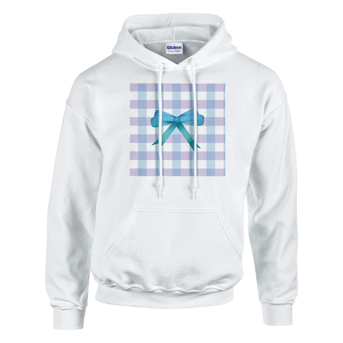 White pullover hoodie featuring a pastel blue and purple gingham square with a cute teal bow graphic. Coquette style women's sweatshirt.