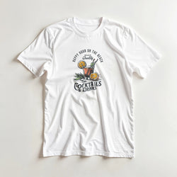 Happy Hour women's graphic t-shirt, white cotton-blend tee with tropical cocktails & drinks illustration.