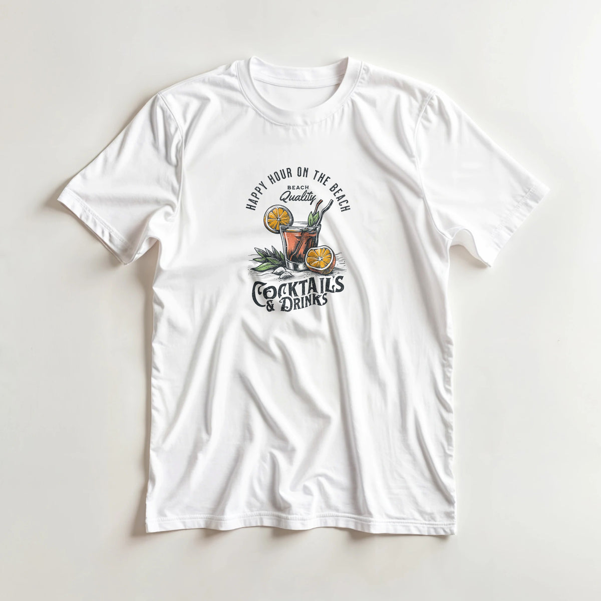 Happy Hour women's graphic t-shirt, white cotton-blend tee with tropical cocktails & drinks illustration.