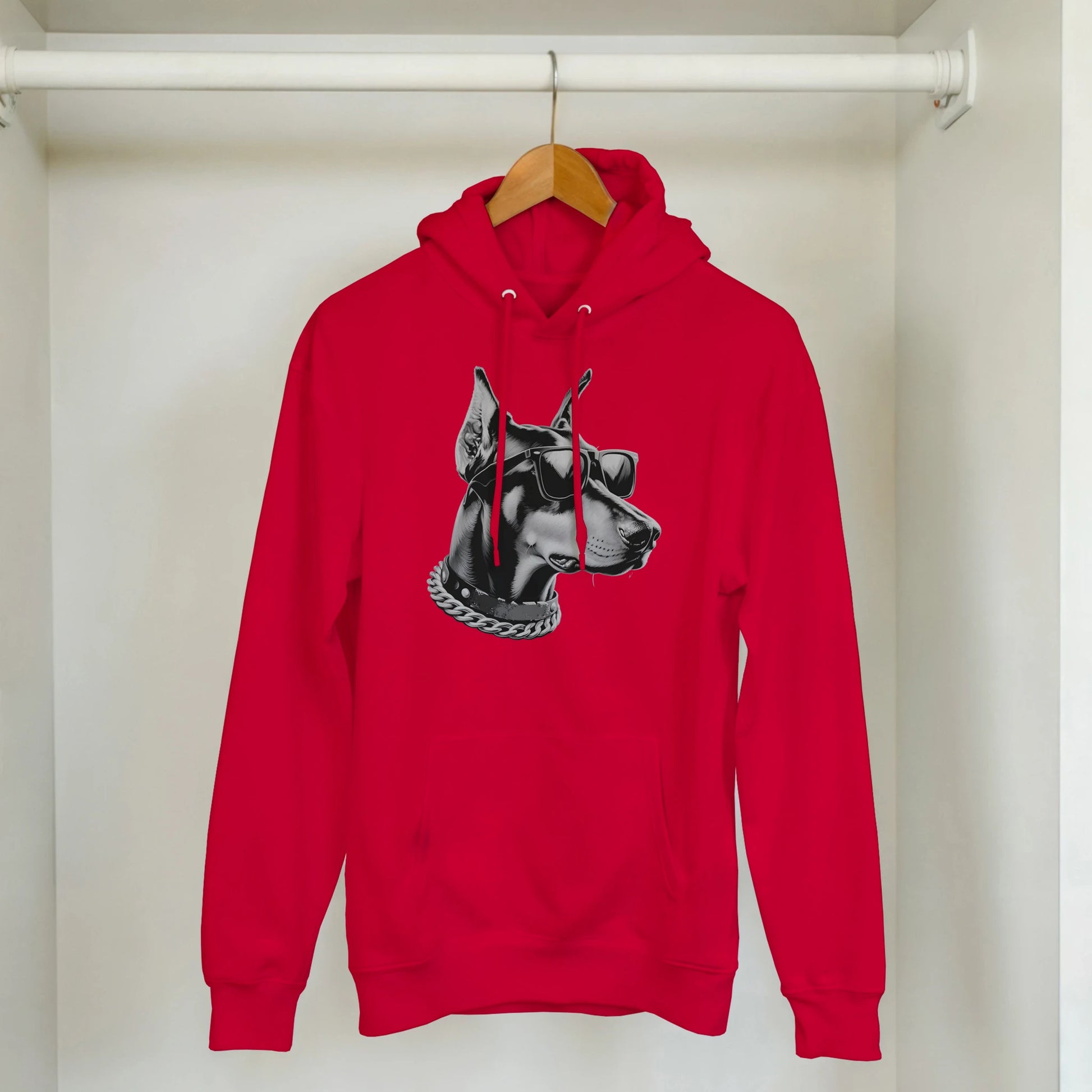Red Gangster Dog Jumper hoodie with grayscale Doberman wearing sunglasses and a chain.