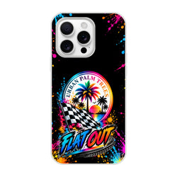Flat Out iPhone case with colorful paint splatters, checkered flag, and Urban Palm Trees retro sunset design.