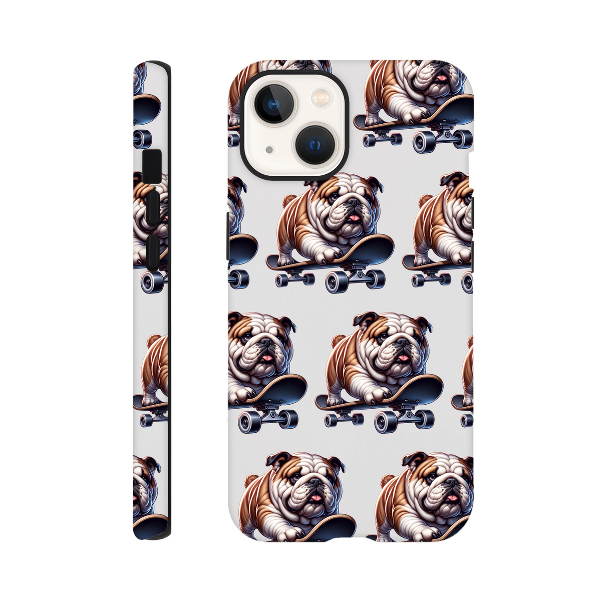 Bulldog skateboard pattern protective phone case for iPhone 16/15/14/13 with dual-layer wraparound glossy finish